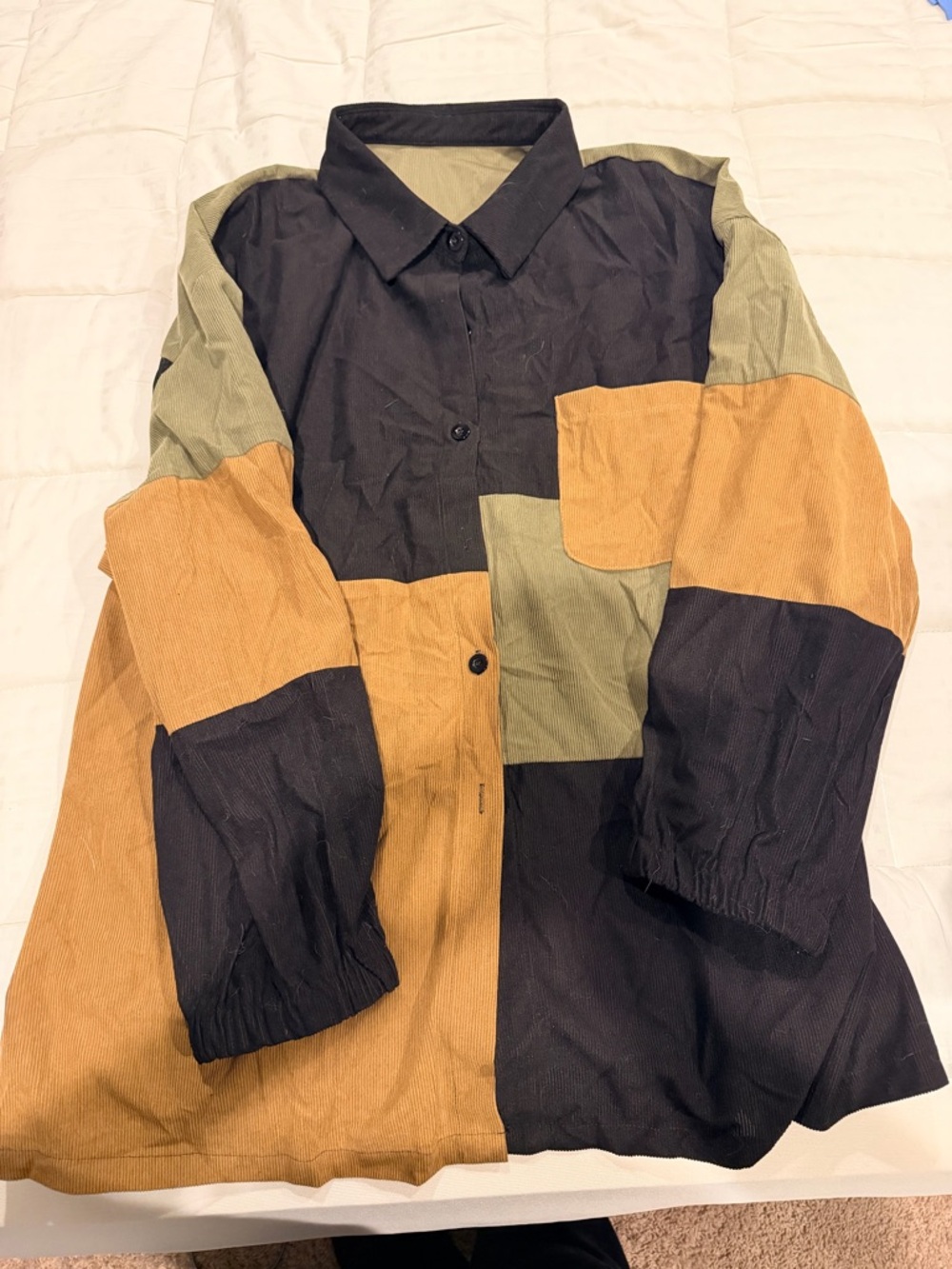 Colorblock Button-Up Shirt in Black, Olive, and Tan